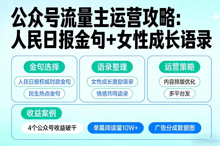 利用人民日报金句+女性成长语录做公众号流量主，4个公众号收益破千-鹊桥梦网创