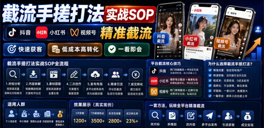 截流手搓打法实战SOP,抖音小红书视频号精准截流,快速获客,低成本高转化,一看即会-鹊桥梦网创