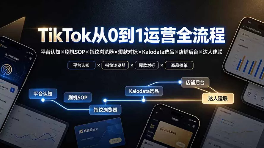 TikTok从0到1运营全流程：平台认知×刷机SOP×指纹浏览器×爆款对标×Kalodata选品×店铺后台×达人建联-鹊桥梦网创