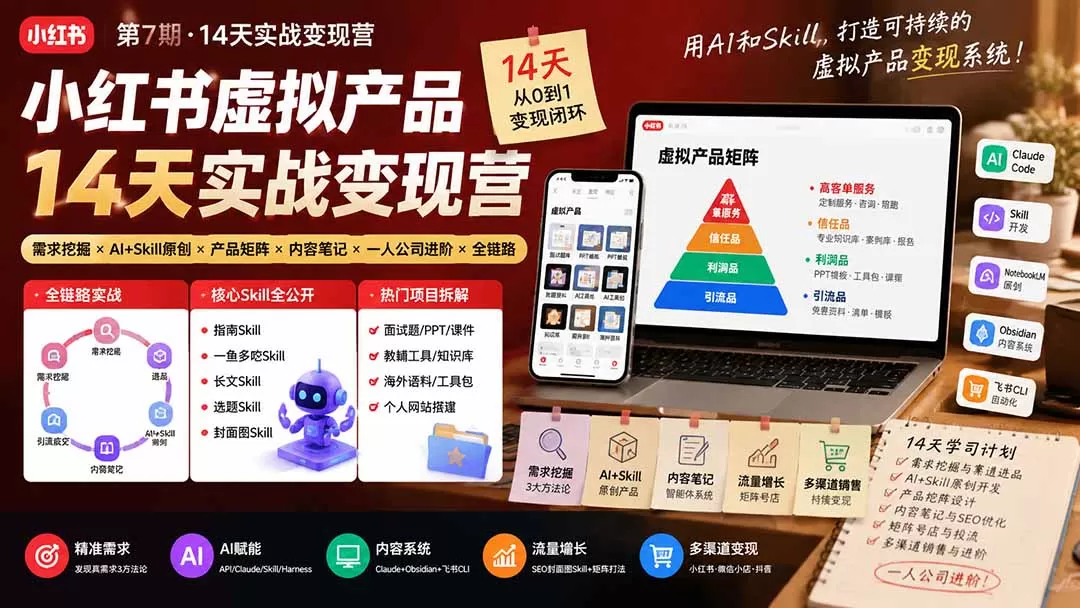 小红书虚拟产品14天实战变现营-第7期:需求挖掘×AI+Skill原创×产品矩阵×内容笔记×一人公司进阶×全链路-鹊桥梦网创