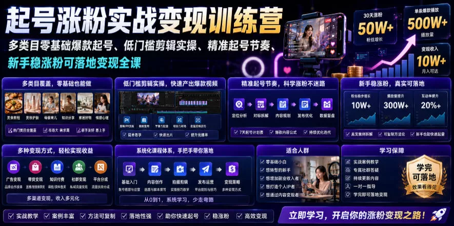 苗子起号涨粉实战变现训练营,多类目零基础爆款起号、精准起号节奏、新手稳涨粉可落地变现全课(更新0719)-鹊桥梦网创