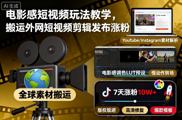 电影感短视频玩法教学,搬运外网短视频剪辑发布涨粉-鹊桥梦网创