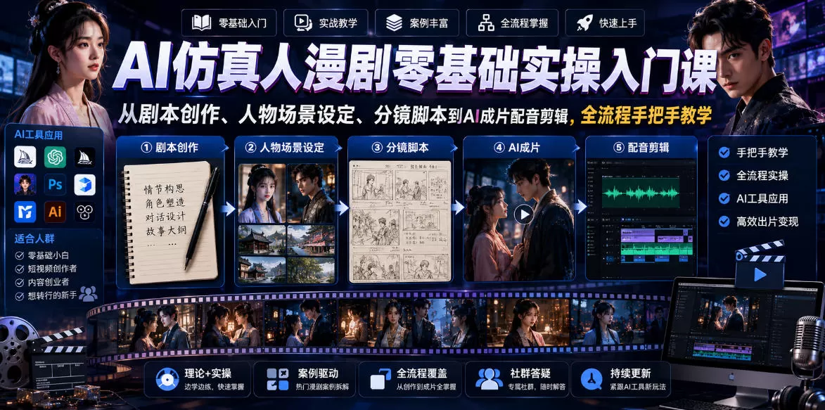 AI仿真人漫剧零基础实操入门课，从剧本创作、人物场景设定、分镜脚本到AI成片配音剪辑，全流程手把手教学-鹊桥梦网创