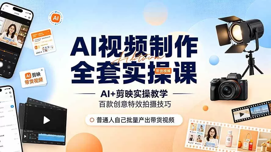 (19200期)AI视频制作全套实操课,多款AI工具搭配剪映教学,百种特效运镜拍摄实操,抖音账号带货运营全覆盖-鹊桥梦网创