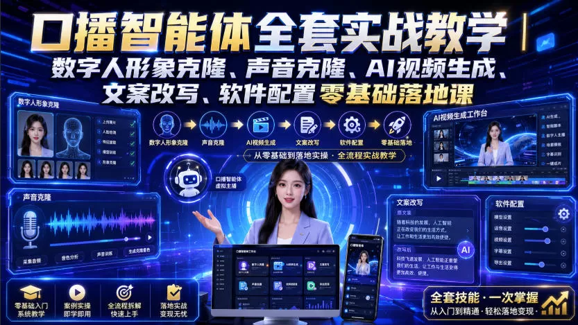 口播智能体全套实战教学|数字人形象克隆、声音克隆、AI视频生成、文案改写、软件配置零基础落地课 口播智能体全套实战教学|数字人形象克隆、声音克隆、AI视频生成、文案改写、软件配置零基础落地课