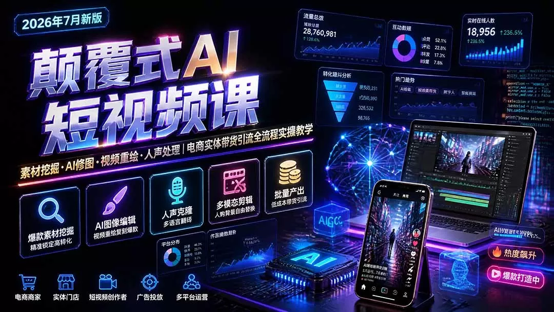 颠覆式AI短视频课｜素材挖掘，AI修图，视频重绘，人声处理｜电商实体带货引流全流程实操教学-鹊桥梦网创