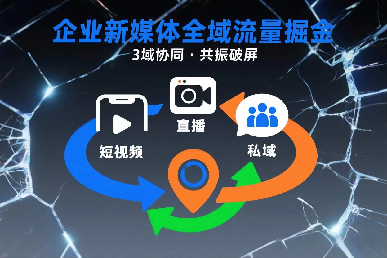 短视频全域商业模式，企业新媒体全域流量掘金，3域协同，共振破屏，短视频-直播-私域-地域-鹊桥梦网创