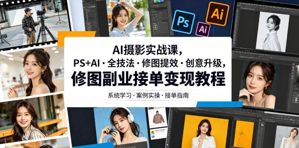 AI摄影实战课，PS+AI・全技法・修图提效・创意升级，修图副业接单变现教程-鹊桥梦网创