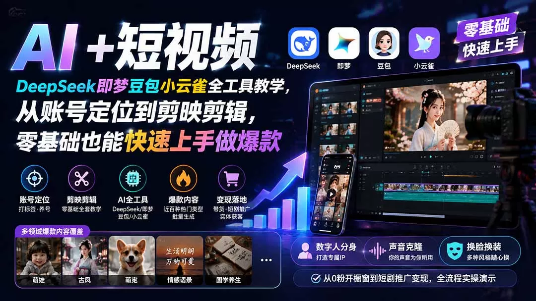AI+短视频｜DeepSeek即梦豆包小云雀全工具教学，从账号定位到剪映剪辑，零基础也能快速上手做爆款-鹊桥梦网创