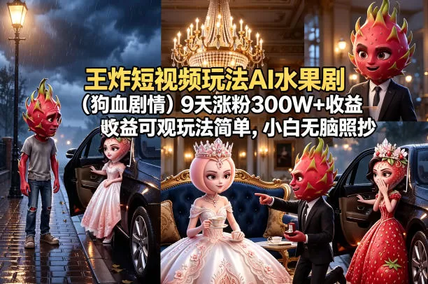 王炸短视频玩法AI水果剧(狗血剧情)9天涨粉300W+收益可观玩法简单,小白无脑照抄,详细拆解玩法-鹊桥梦网创