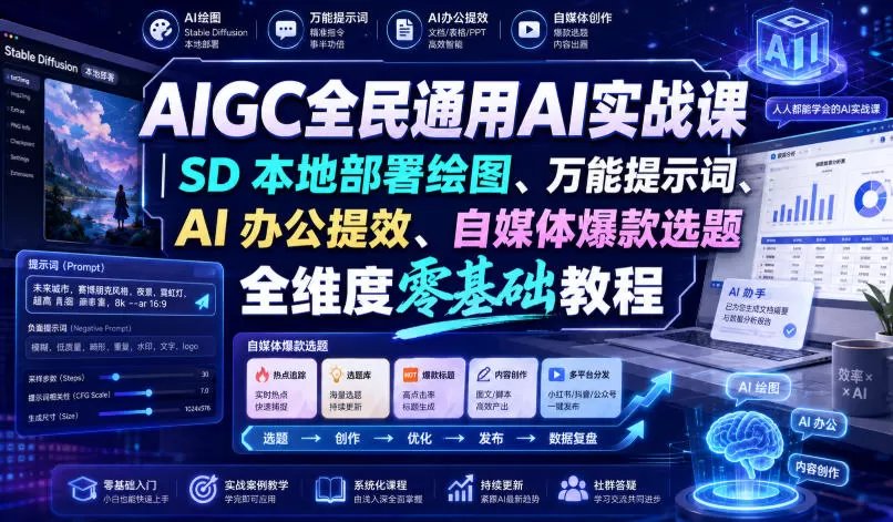 AIGC全民通用AI实战课｜SD本地部署绘图、万能提示词、AI办公提效、自媒体爆款选题全维度零基础教程-鹊桥梦网创