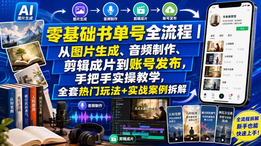 零基础书单号全流程｜从图片生成、音频制作、剪辑成片到账号发布，手把手实操教学，全套热门玩法+实战案例拆解-鹊桥梦网创