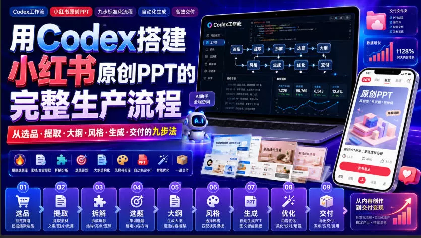 用Codex搭建小红书原创PPT的完整生产流程，从选品·提取·大纲·风格·生成·交付的九步法-鹊桥梦网创
