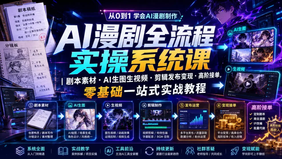 AI漫剧全流程实操系统课|剧本素材・AI生图生视频・剪辑发布变现・高阶接单,零基础一站式实战教程-鹊桥梦网创