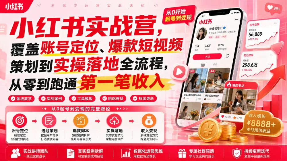 小红书实战营，覆盖账号定位、爆款短视频策划到实操落地全流程，从零到跑通第一笔收入-鹊桥梦网创