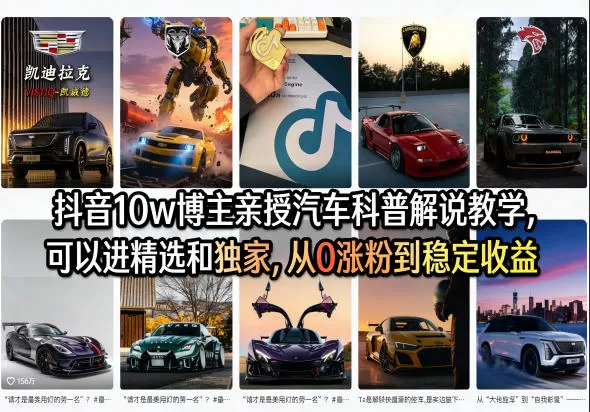 抖音10w博主亲授汽车科普解说教学,可以进精选和独家,从0涨粉到稳定收益(详细视频课程+1T素材)-鹊桥梦网创
