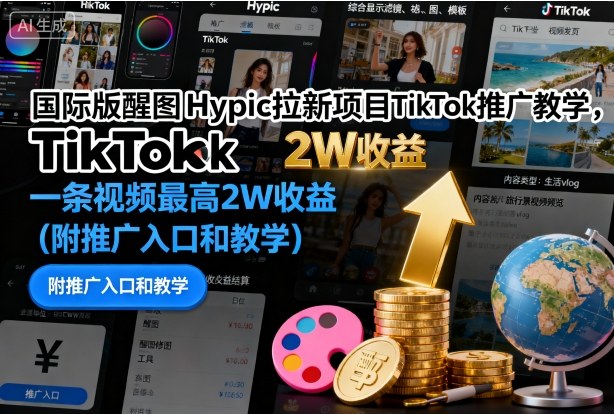 国际版醒图Hypic拉新项目TikTok推广教学，一条视频最高2W收益(附推广入口和教学)-鹊桥梦网创