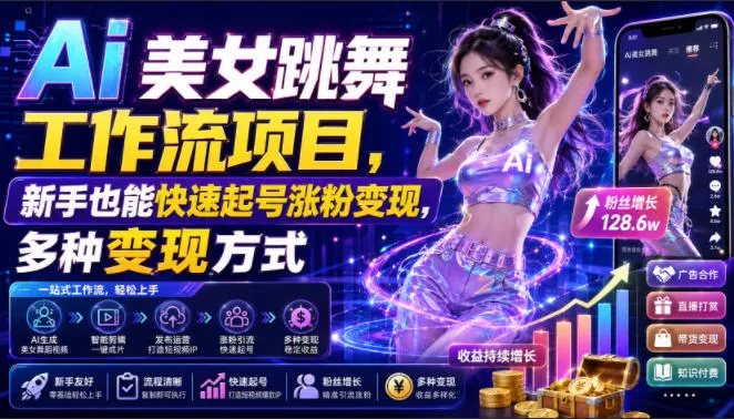 Ai美女跳舞工作流项目,新手也能快速起号涨粉变现,多种变现方式-鹊桥梦网创
