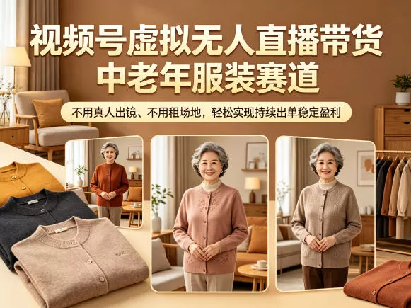 视频号虚拟无人直播带货中老年服装赛道，不用真人出镜、不用租场地，轻松实现持续出单稳定盈利-鹊桥梦网创