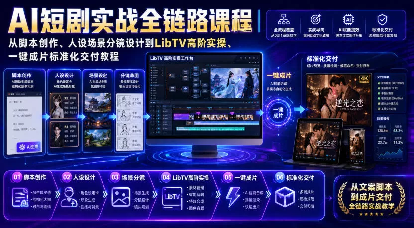 AI短剧实战全链路课程｜从脚本创作、人设场景分镜设计到LibTV高阶实操、一键成片标准化交付教程