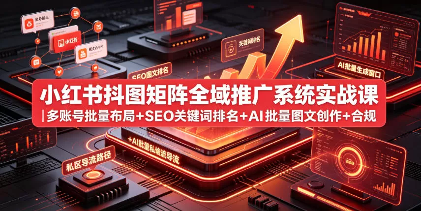 小红书抖图矩阵全域推广系统实战课｜多账号批量布局+SEO关键词排名+AI批量图文创作+合规私域导流完整落地教程-鹊桥梦网创