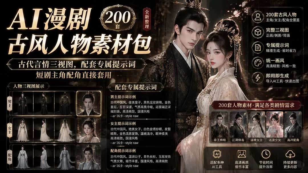 AI漫剧古风人物素材包+提示词｜200 套古代言情三视图，配套专属提示词短剧主角配角直接套用-鹊桥梦网创