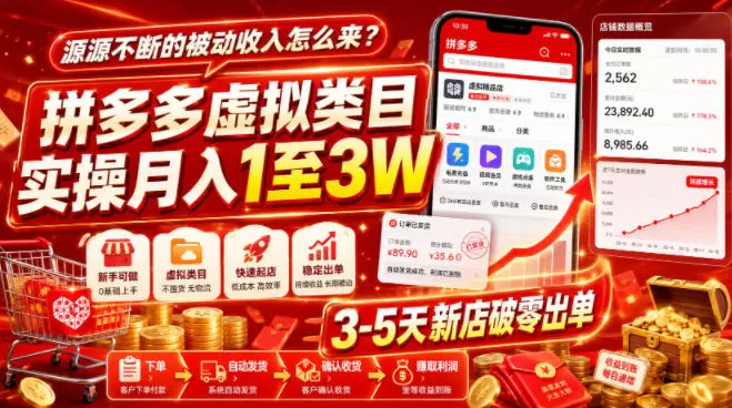 源源不断的被动收入怎么来？拼多多虚拟类目实操月入1至3W，3-5天新店破零出单-鹊桥梦网创