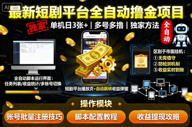 最新短剧平台全自动挂G撸金项目，单机一天3张+，多号多撸，区别于市面所有挂机项目，独家方法【揭秘】-鹊桥梦网创