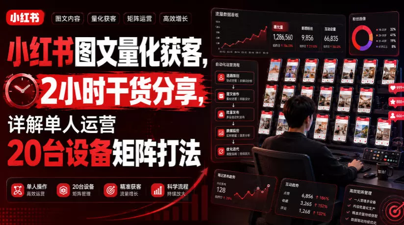 小红书图文量化获客,2小时干货分享,详解单人运营20台设备矩阵打法-鹊桥梦网创
