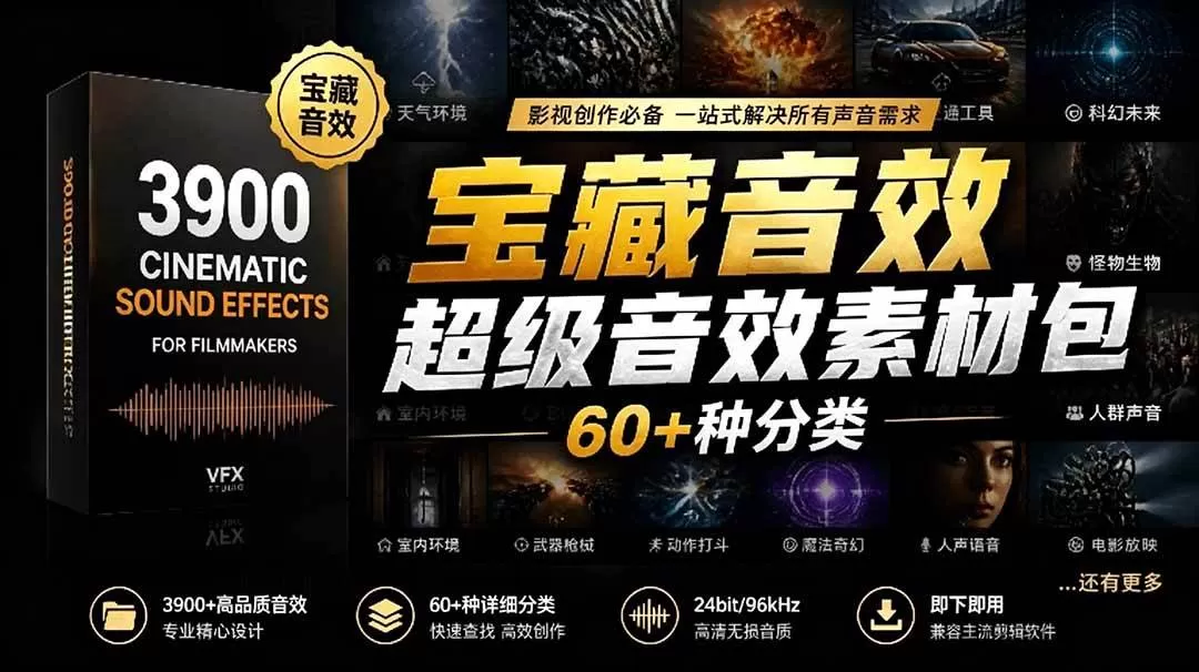 (18660期)宝藏音效合集包!60+多种音效分类,共计3900个,分类清晰,全中文分类,高品质剪辑音效素材包-鹊桥梦网创