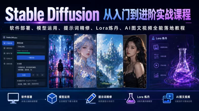 Stable Diffusion从入门到进阶实战课程｜软件部署、模型运用、提示词精修、Lora炼丹、AI图文视频全能落地教程-鹊桥梦网创
