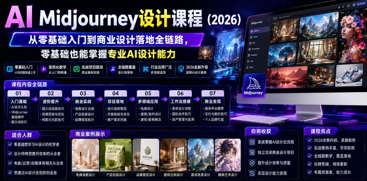 AI Midjourney设计课程（2026），从零基础入门到商业设计落地全链路，零基础也能掌握专业AI设计能力-鹊桥梦网创