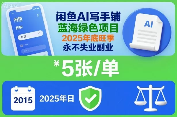 闲鱼AI写手铺，蓝海绿色项目，一单5张，2025年底旺季，永不失业副业-鹊桥梦网创