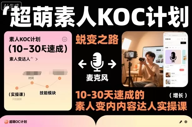 超萌素人KOC计划，10-30天速成的素人变内容达人实操课，适合想做短剧小说推文电商推广的素人入局-鹊桥梦网创