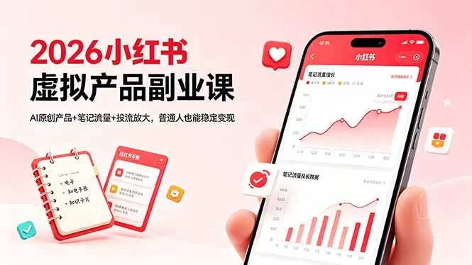 2026小红书虚拟产品副业课,AI原创产品+笔记流量+投流放大,普通人也能稳定变现-鹊桥梦网创