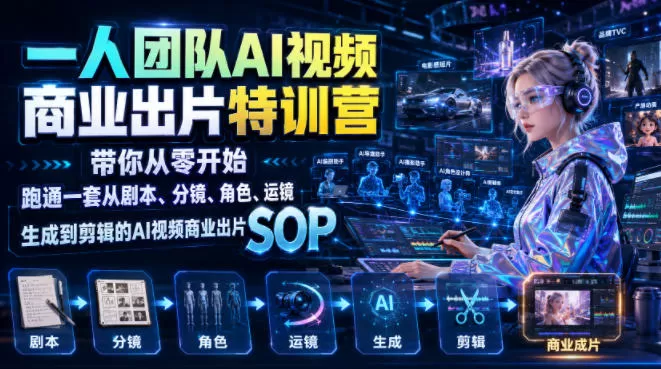 一人团队AI视频商业出片实战课：带你从零开始跑通一套从剧本、分镜、角色、运镜、生成到剪辑的AI视频商业出片SOP-鹊桥梦网创