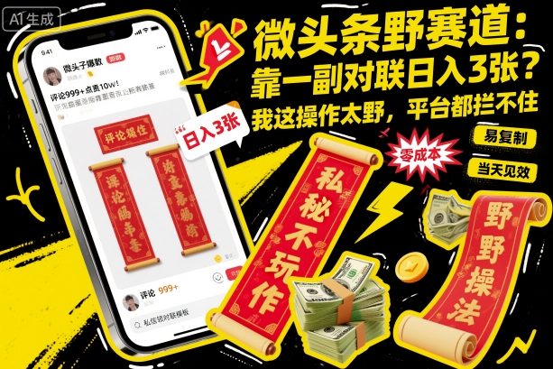 微头条野赛道，靠一副对联日入3张？我这操作太野，平台都拦不住！-鹊桥梦网创