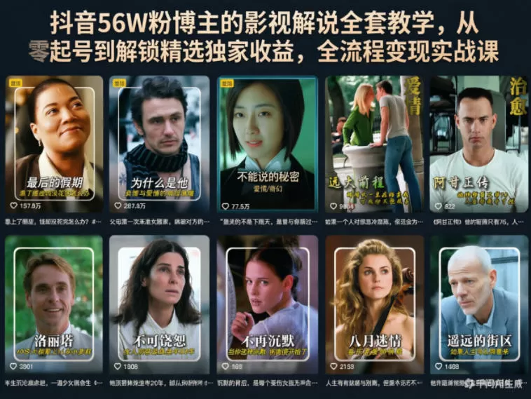 抖音56W粉博主的影视解说全套教学,从零起号到解锁精选独家收益,全流程变现实战课-鹊桥梦网创