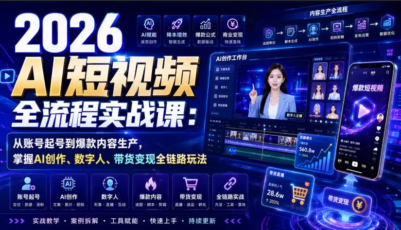 2026 AI短视频全流程实战课:从账号起号到爆款内容生产,掌握AI创作、数字人、带货变现全链路玩法 2026 AI短视频全流程实战课:从账号起号到爆款内容生产,掌握AI创作、数字人、带货变现全链路玩法