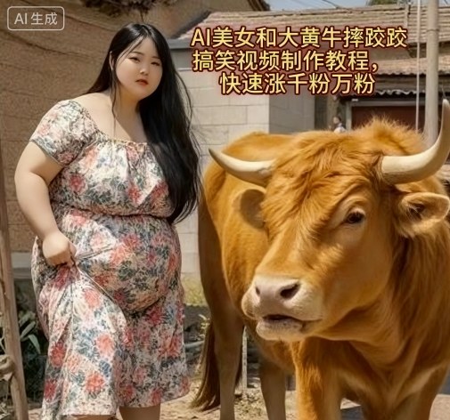AI美女和大黄牛摔跤搞笑荒诞视频制作教程，快速涨千粉万粉-鹊桥梦网创