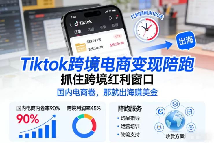 Tiktok跨境电商变现陪跑，抓住跨境红利窗口，国内电商卷，那就出海賺美金-鹊桥梦网创