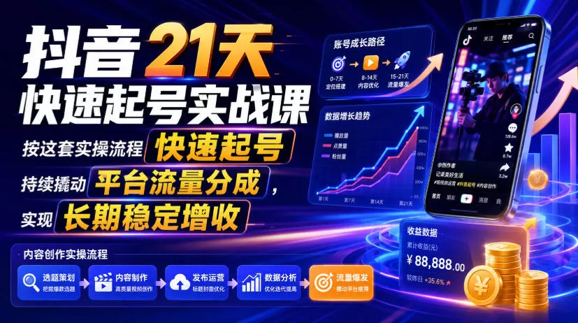 抖音21天快速起号实战课,按这套实操流程快速起号,持续撬动平台流量分成,实现长期稳定增收-鹊桥梦网创