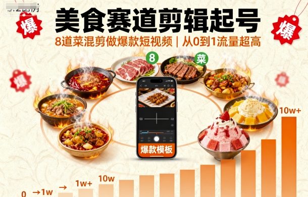 美食赛道剪辑起号，8道菜混剪做爆款短视频，从0到1，流量超高-鹊桥梦网创