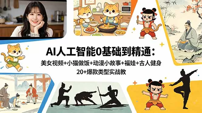 AI人工智能0基础到精通：美女视频+小猫做饭+动漫小故事+福娃+古人健身，20+爆款类型实战教学-鹊桥梦网创