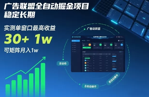 广告联盟全自动掘金项目，稳定长期，实测单窗口最高收益30+，可矩阵月入1w+【揭秘】-鹊桥梦网创