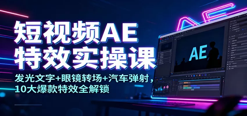 短视频AE特效实操课：发光文字+眼镜转场+汽车弹射，10大爆款特效全解锁-鹊桥梦网创