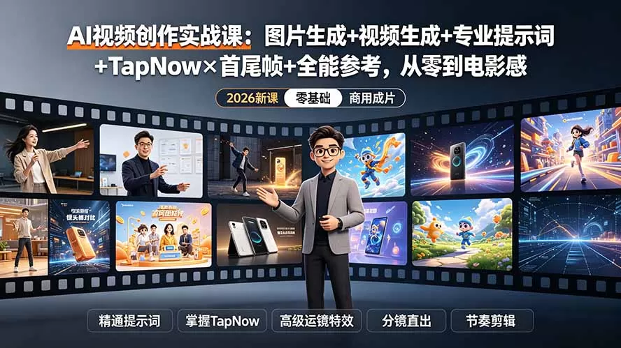 AI视频创作实战课：图片生成+视频生成+专业提示词+TapNow×首尾帧+全能参考，从零到电影感成片-鹊桥梦网创