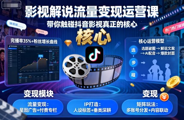 影视解说流量变现运营课,带你触碰抖音影视真正的核心-鹊桥梦网创