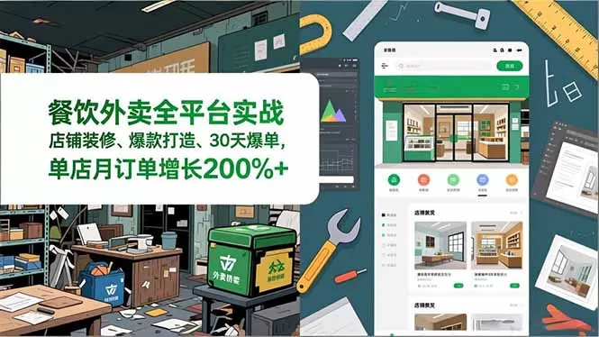 餐饮外卖全平台实战，店铺装修、爆款打造、30天爆单，手把手教学，单店月订单增长200%+-鹊桥梦网创