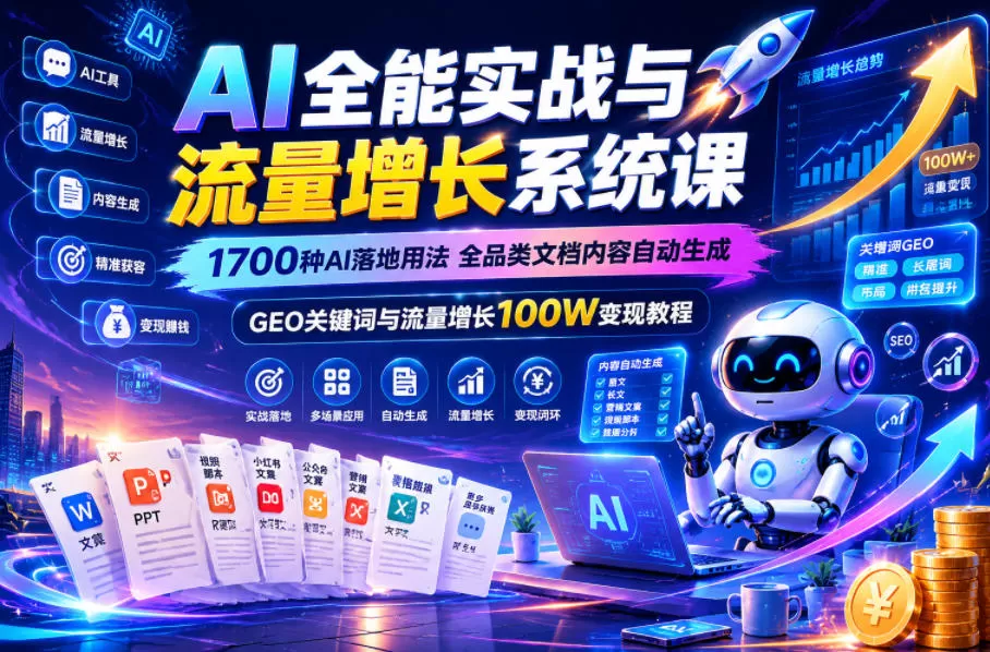 AI全能实战与流量增长系统课，1700种AI落地用法，全品类文档内容自动生成，GEO关键词与流量增长100W变现教程-鹊桥梦网创